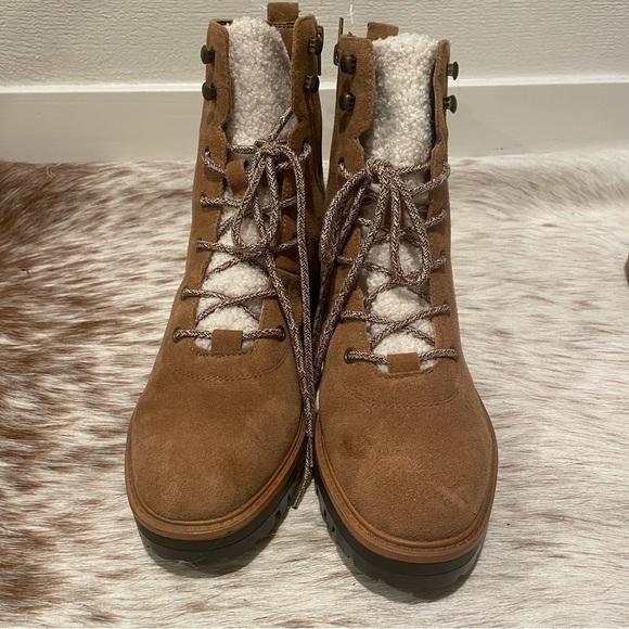 NWOB Marc Fisher Izma Boot Size 9.5 Shearling Suede Lace Up Combat Boots, Brown - Picture 2 of 13